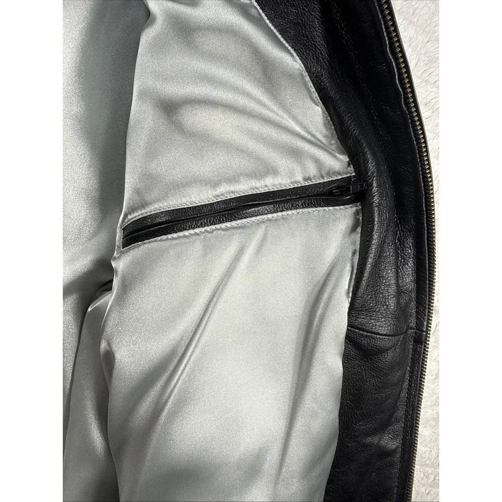 NFL New England Patriots Mens Medium Black Genuine Leather Bomber Jacket EUC